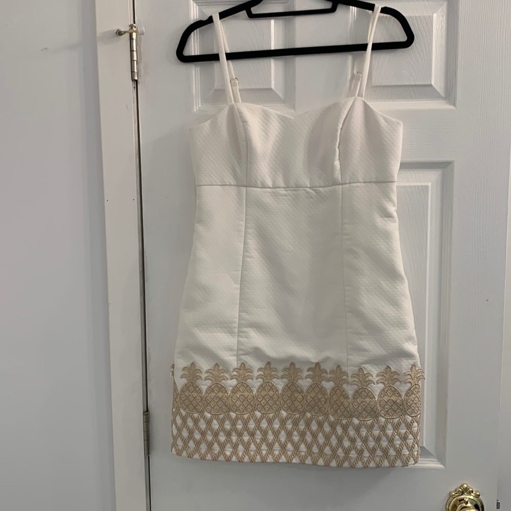Lilly Pulitzer Gold and White Lane Dress Pineapple Embroidery